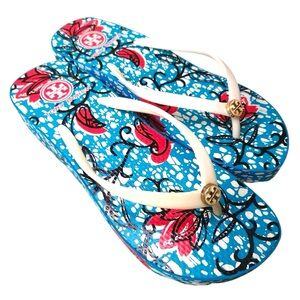 Tory Burch - Sz. 10 - Flip Flop - Floral - White / Blue / Pink - Like New